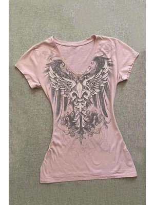Pembe Gothic Wing Y2K Kısa Kollu Crop