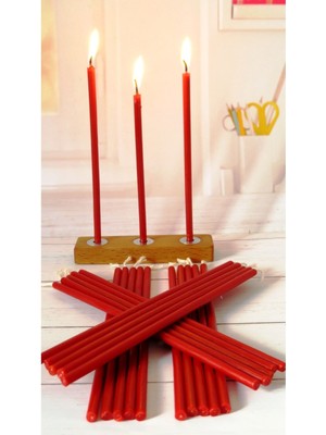Kırmızı Balmumu Mum ve Ahşap Mumluk, Doğal, Ince, Uzun, Parti, Nişan, Dilek, Tören Için