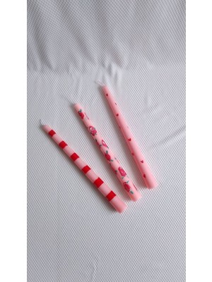 3'lü Desenli Pembe Şamdan Mum Seti, Şık ve Zarif Dekorasyon Parçası