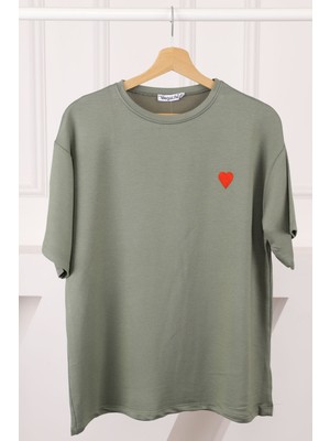 Haki Nakışlı Kısa Kol Modal T-Shirt