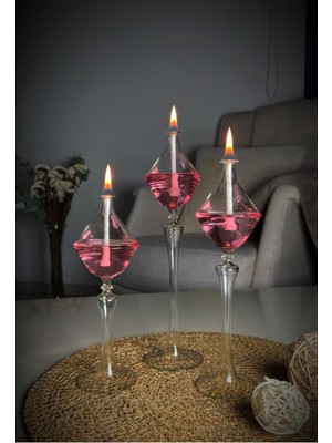 Pembe 3'lü Ayaklı Cam Kandil Seti, Şık ve Zarif Ev Dekoru.