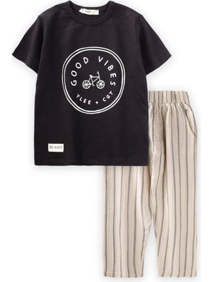 Cigit Bisiklet Baskılı Çizgili Müslin Pantolonlu Takım  Siyah