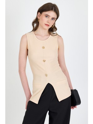Bej Kolsuz Düğme Detaylı Cep Detaylı Bluz 017