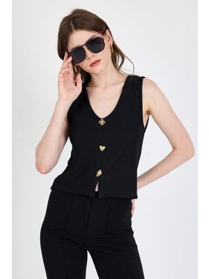 Siyah V Yaka Düğmeli  Kolsuz Bluz 019
