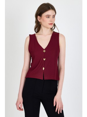 Bordo V Yaka Düğmeli  Kolsuz Bluz 019