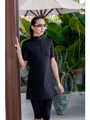 Mayom Kadın Siyah Yarı Kapalı Mayo Konforlu Diz Altı Taytlı Tasarım 2544