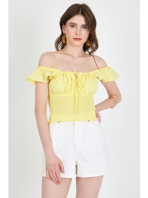 Sarı  Keten Görünümlü %100 Pamuk Büzgülü Fırfır Kol Detaylı Crop Bluz 6892
