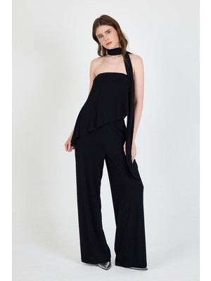 Siyah Fularlı Pantolon  Bluz Ikili Takım 5224