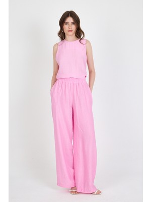 Şeker Pembe  Asimetrik Kesim Bluz Pantolon Ikili Takım 5219