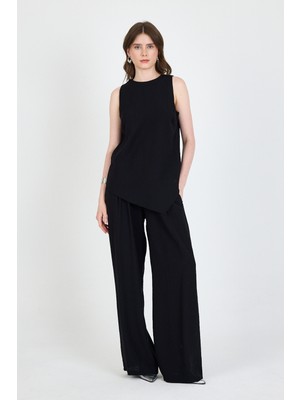 Siyah Asimetrik Kesim Bluz Pantolon Ikili Takım 5219