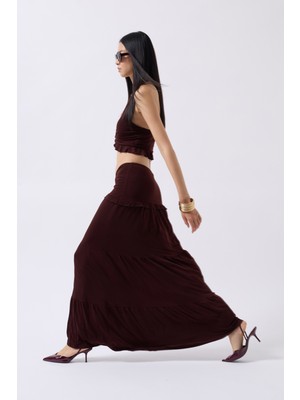 Büzgü Detay Asimetrik Bel Kahverengi Etek