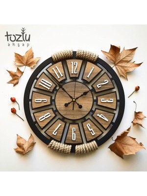 40CM Ahşap ve Halat Detaylı Dekoratif Duvar Saati Siyah/ahşap Renk