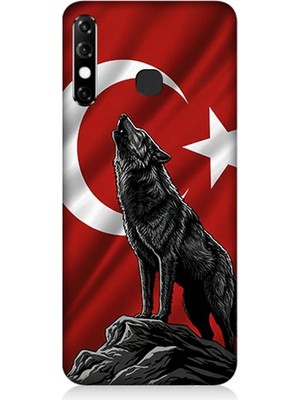 Infinix Hot 8 Uyumlu Bayrak Önünde Uluyan Kurt  Desenli Silikon Kılıf