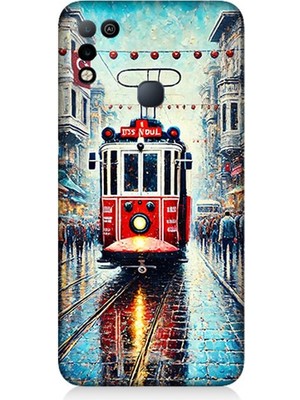 Infinix Hot 11 Play Uyumlu Yağmurlu Sokakta Kırmızı Tramvay  Desenli Silikon Kılıf