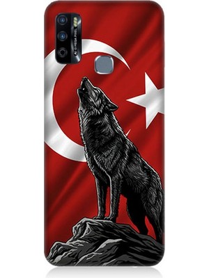Infinix Hot 9 Uyumlu Bayrak Önünde Uluyan Kurt  Desenli Silikon Kılıf