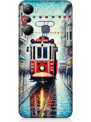 Infinix Hot 20I Uyumlu Yağmurlu Sokakta Kırmızı Tramvay  Desenli Silikon Kılıf