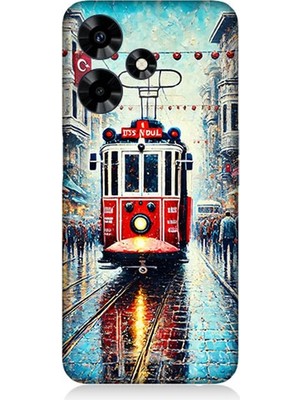 Infinix Hot 30 Uyumlu Yağmurlu Sokakta Kırmızı Tramvay  Desenli Silikon Kılıf