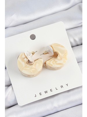 Pirinç Mermer Desenli Vintage Yarım Halka Model Gold Renk Kadın Küpe