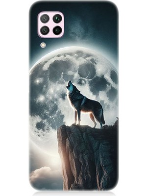 Huawei P40 Lite Uyumlu Dolunayda Uluyan Kurt  Desenli Silikon Kılıf
