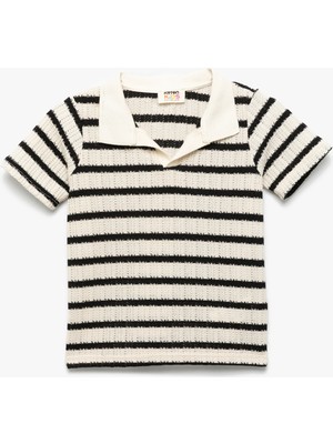 Koton Kısa Kollu Çizgili Polo Yaka Ajurlu Kroşe Tişört