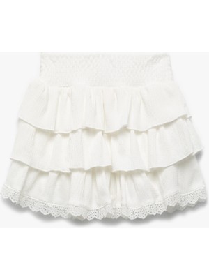 Koton Gipeli Pamuklu Katlı Beli Lastikli Dantelli Mini Etek