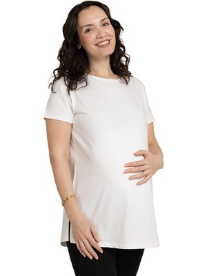 Baby Mom Anne Giyim Hamile Tşört Yırtmaçlı Bisiklet Yaka Kısa Kol Beyaz