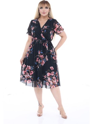 Çiçek Desenli Kruvaze Yaka Kuşaklı Büyük Beden Midi Elbise 25C-2684