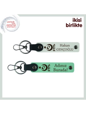 Isim ve Soyisimle Tamamen Size Özel Ayyıldız Kurt Göktürk Temalı  X2 Hediye Anahtarlık, Beyaz-Yeşil