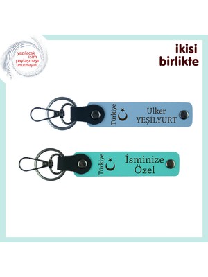 Vatansever Bir Hediye – Ayyıldız ve Türkiye Temalı 2’li Kişisel Anahtarlık Seti, Gök Mavi-Turkuaz