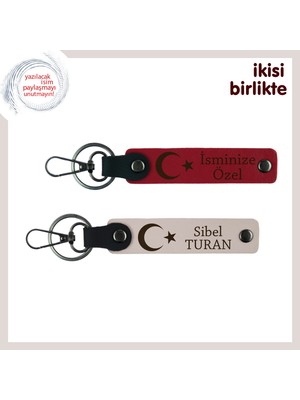 Ay Yıldız Desenli Deri Anahtarlık Seti – Kişiye Özel Yazılabilir Şık Hediye X2, Kırmızı-Pudra