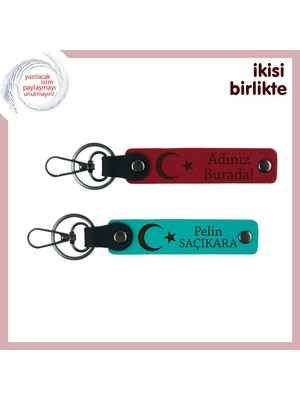 Kişiselleştirilebilir Ay Yıldız Desenli Anahtarlık – Isme Özel 2’li Hediye Set, Kırmızı-Turkuaz