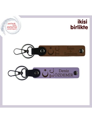 Kardeşe Özel Kalıcı Bir Hatıra, Ay Yıldız Tc Isim ve Soyadı Yazılı X2 Deri Anahtarlık, A Kahve-Mor