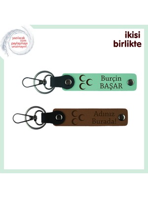 Patrona Şık Hediye, Üç Hilal Temalı Isim& Soyisim Yazılı 2’li Anahtarlık, Yeşil-Kahve
