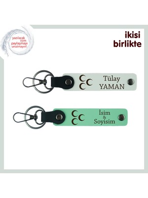 Isim ve Soyisimle Tamamen Size Özel Üç Hilal Temalı  X2 Hediye Anahtarlık, Beyaz-Yeşil