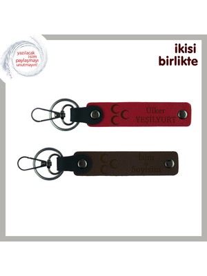 Üç Hilal Temalı, Üzerine Isim Yazılabilen Deri Anahtarlık Hediyelik X2, Kırmızı-Kahve