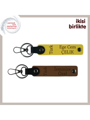 Aşkı Yaşat – Türk Yazısı Desenli Kişisel Deri Anahtarlık Hediyelik Set X2, Sarı-Kahve