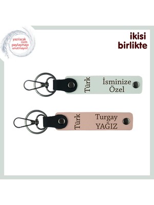 Türk Yazısı Temalı Kurumsal Armağan, Isime Özel 2'li Anahtarlık Set, Beyaz-Yavru Ağzı