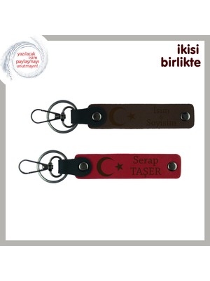 Sevgiline Ay Yıldızla Süslenmiş Aşk Hediye – 2’li Deri Anahtarlık Takımı, Koyu Kahve-Kırmızı