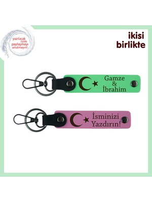 Yıl Sonu Veda Hediyesi – Ay Yıldız Desenli, Kişisel Isimli Anahtarlık Seti, Fıstık Yeşil-Pembe