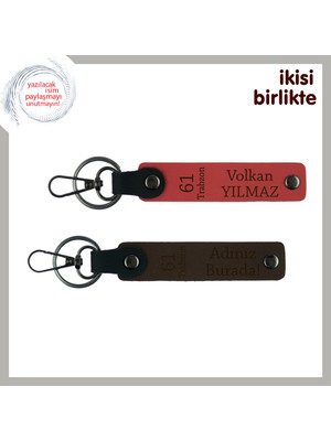 Eşinle Anlam Yüklü Bir Takım, 61 Yazılı Deri Anahtarlık 2’li Set, Nar Çiçeği-Koyu Kahve