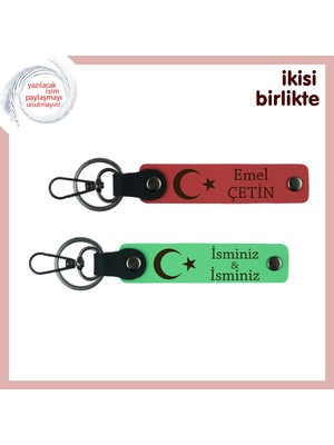Vatan ve Bayrak Sevgisiyle Hazırlanmış, Ay Yıldızlı, Kişisel Deri Anahtarlık Set, Nar Çiçeği-Yeşil