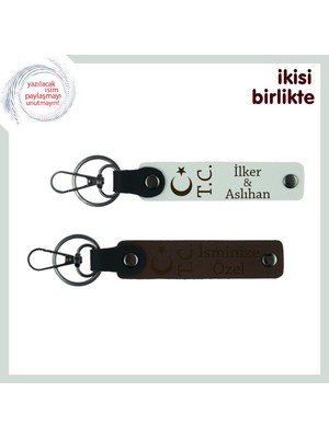 Yeni Işe Başlayanlara Hediye, Ay Yıldız Tc Temalı Isim Yazılı 2’li Anahtarlık Takımı, Beyaz-Kahve