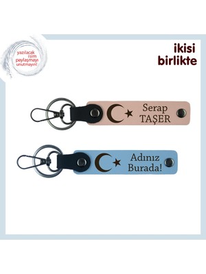 Vefayı Simgesel Hale Getiren Hediye – Ay Yıldızlı Kişisel Deri Anahtarlık X2, Yavru Ağzı-Gök Mavi