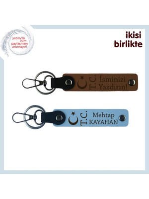 Şirket Çalışanlarına Özel Ay Yıldız Tc Hediye – Isme Özel 2’li Anahtarlık Takımı, Açık Kahve-Mavi