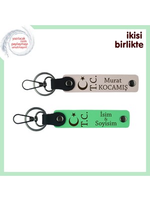 Sevgiline Ait Olan Tek Hediyelik – Ay Yıldız Tc Motifli Kişisel Deri Anahtarlık, Pudra-Yeşil