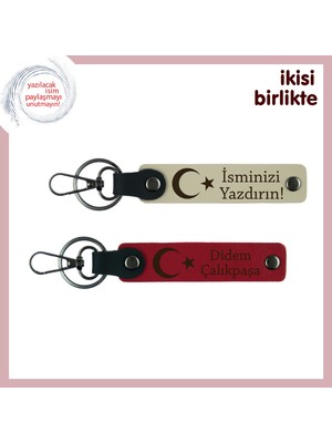 Sevgililik Hatırası Olarak Kalacak Hediye – Ay Yıldızlı Deri Anahtarlık Seti, Sütlü Kahve-Kırmızı