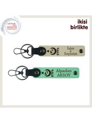 Isme Özel Ayyıldız Kurt Göktürk Temalı Hediye – Sevgiline Kişisel Anahtarlık Seti, Sütlü Kahve-Yeşil
