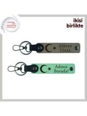 Yeni Başlayan Asistanlara Hatıra – Ay Yıldız Desenli Anahtarlık Takımı, Kül Gri-Yeşil