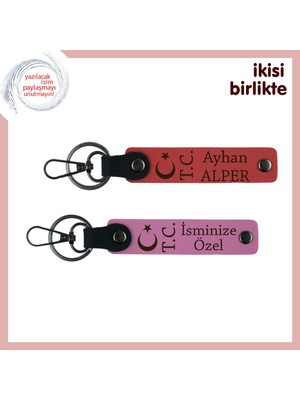 Kardeşe Sıcak Bir Hatıra – Ay Yıldız Tc, Kişiselleştirilebilir Deri Anahtarlık Set, Nar Çiçek-Pembe