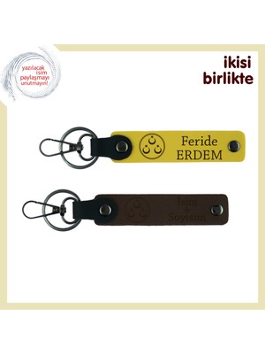 Vatan Temalı Aşk Hediyesi – Evlilik Yıldönümüne Deri Anahtarlık Armağanı Isim Yazılı Set, Sarı-Kahve